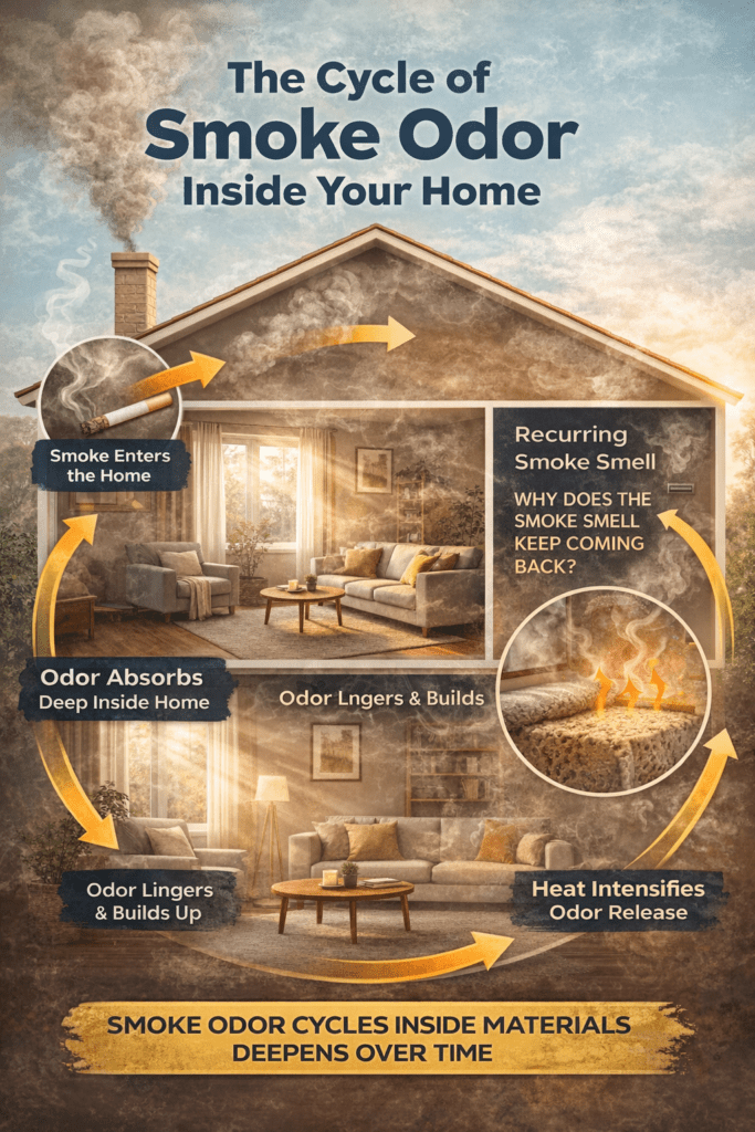 Infographic showing how smoke odor penetrates materials in a home and repeatedly releases into the air over time