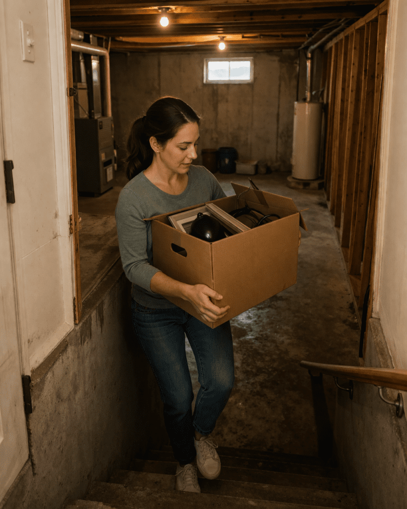 Homeowner walking down wooden stairs into an unfinished basement carrying a storage box, showing a typical residential basement environment