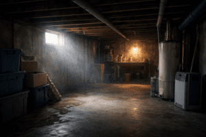 Musty basement environment showing conditions that contribute to persistent odor