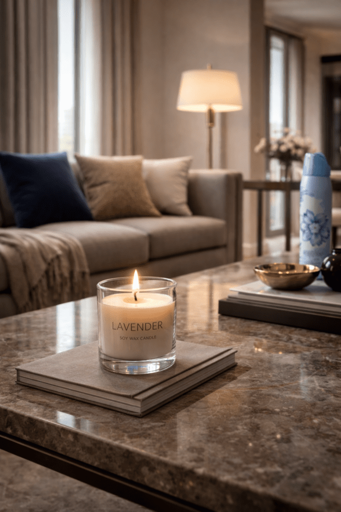 image of a scented candle trying to mask the smell of cigarette odors. masking smoke odors only makes it worse.