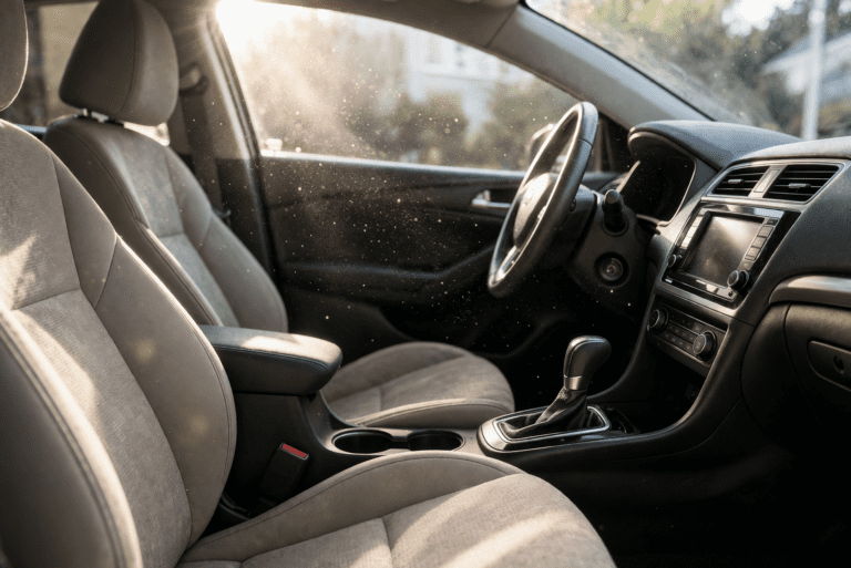 Diagram of vehicle odor absorption: spill/smoke/pet → seat foam/carpet/vents → odor buildup → heat release → recurring smell cycle