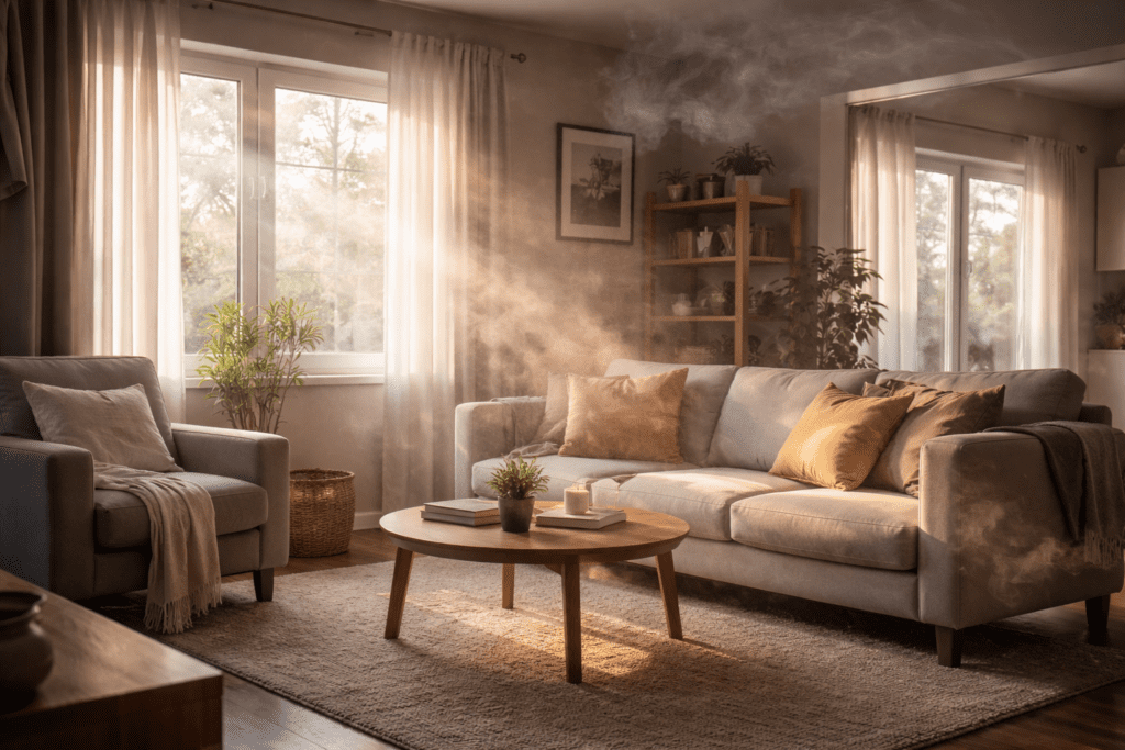 Sunlight revealing airborne particles in a clean living room, illustrating hidden smoke odor contamination
