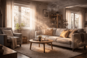 Sunlight revealing airborne particles in a clean living room, illustrating hidden smoke odor contamination
