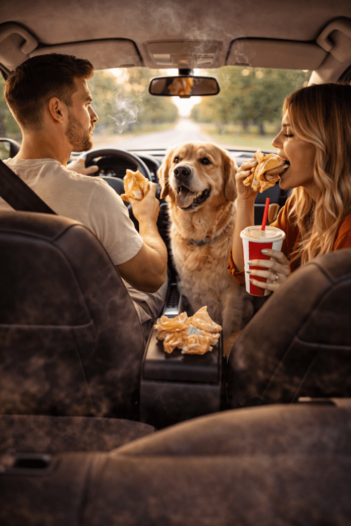 image of a road trip while eating fast food and the dog is along for the drive