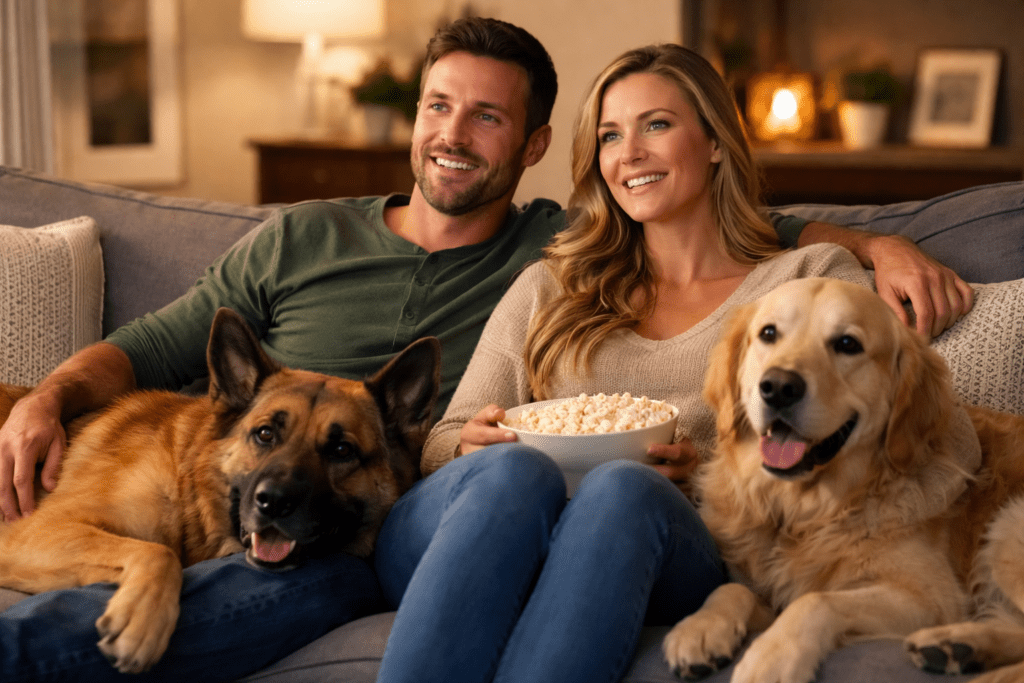 image of tenants with pets on a couch in their rental.