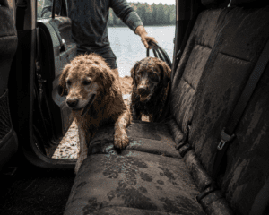 image of two dogs that are wet getting into the back of an SUV after swimming in a lake. 