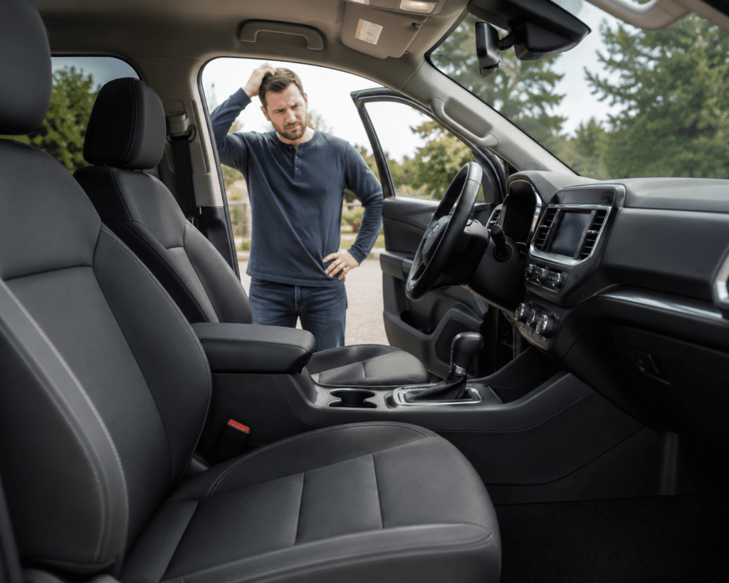 Vehicle owner standing outside a clean SUV with the driver’s door open, looking puzzled while investigating a lingering odor problem