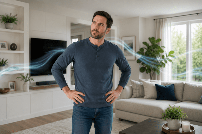 a man in a blue shirt stands in the middle of his clean livingroom wondering where the smell is coming from.