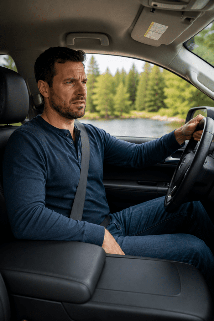 a man wearing a blue shirt is driving his SUV with a perplexed look on his face.