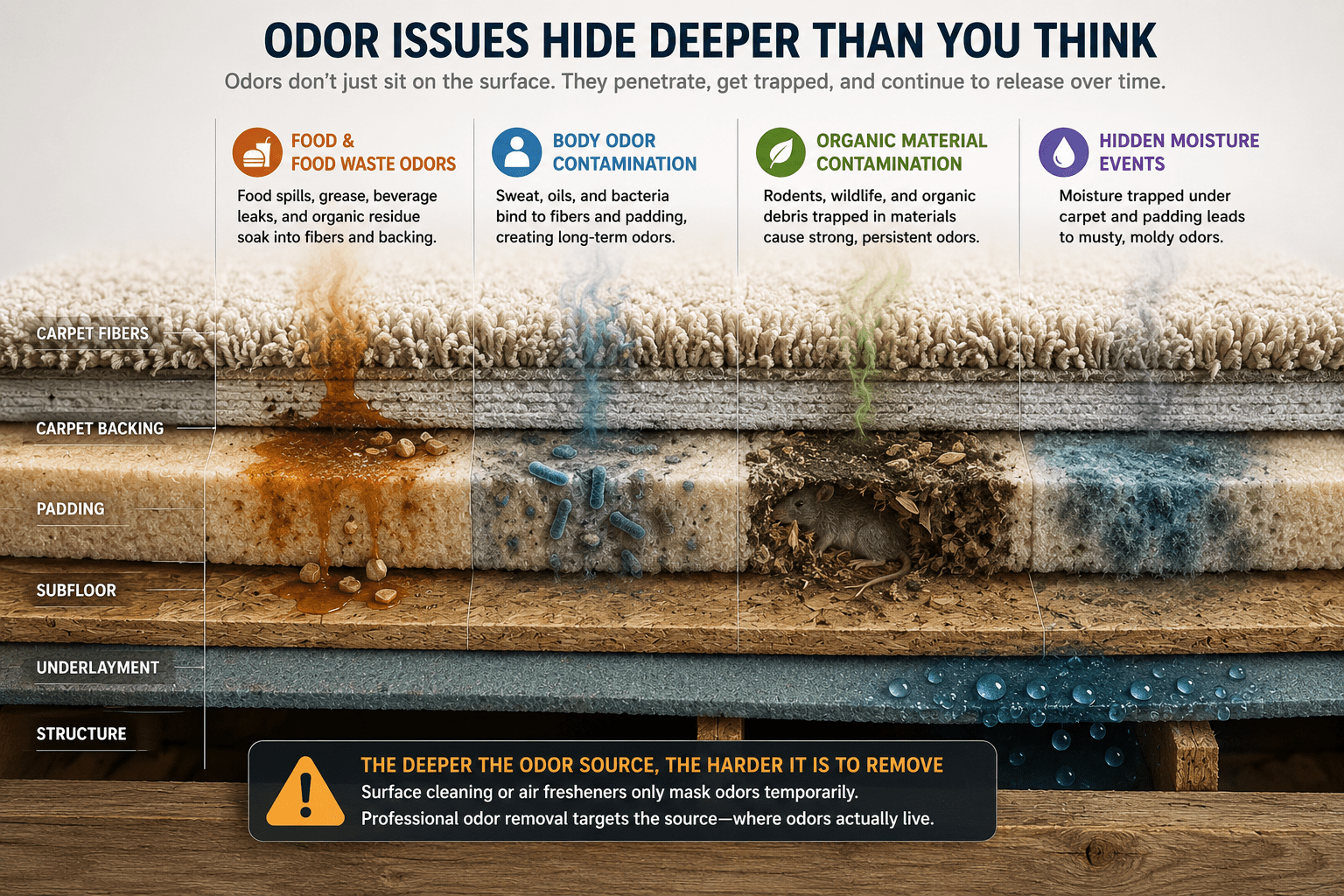 image of four different types of odor issues that are commonly hidden and missed if not properly cleaned.
