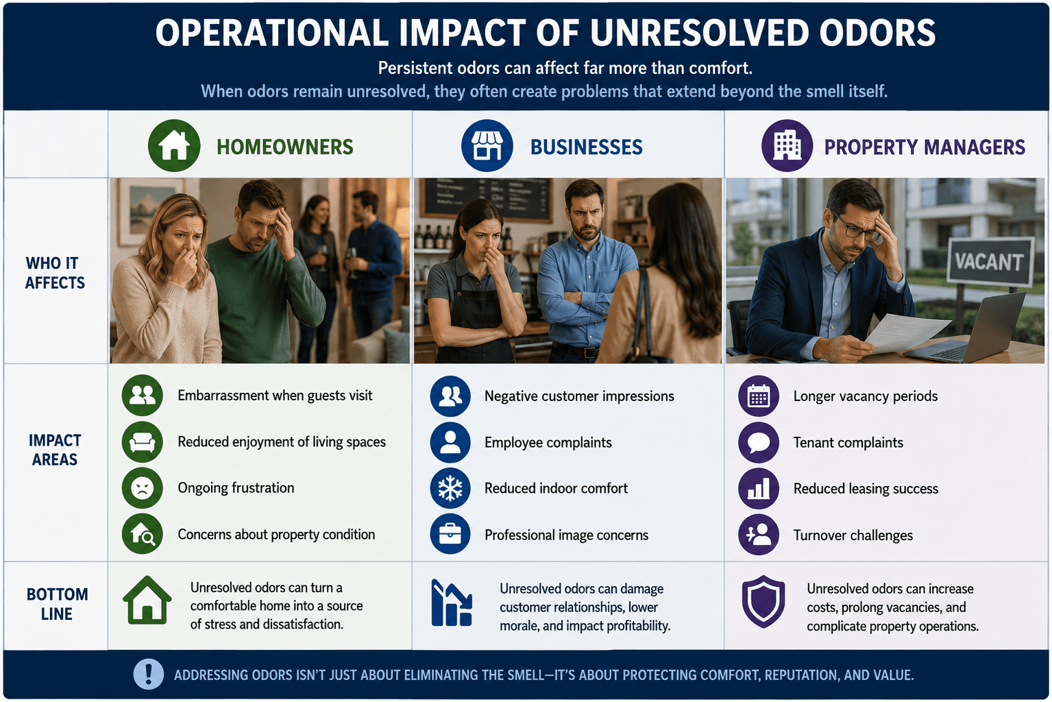 chart showing operational impact of odors to homeowners, businesses and rentals.