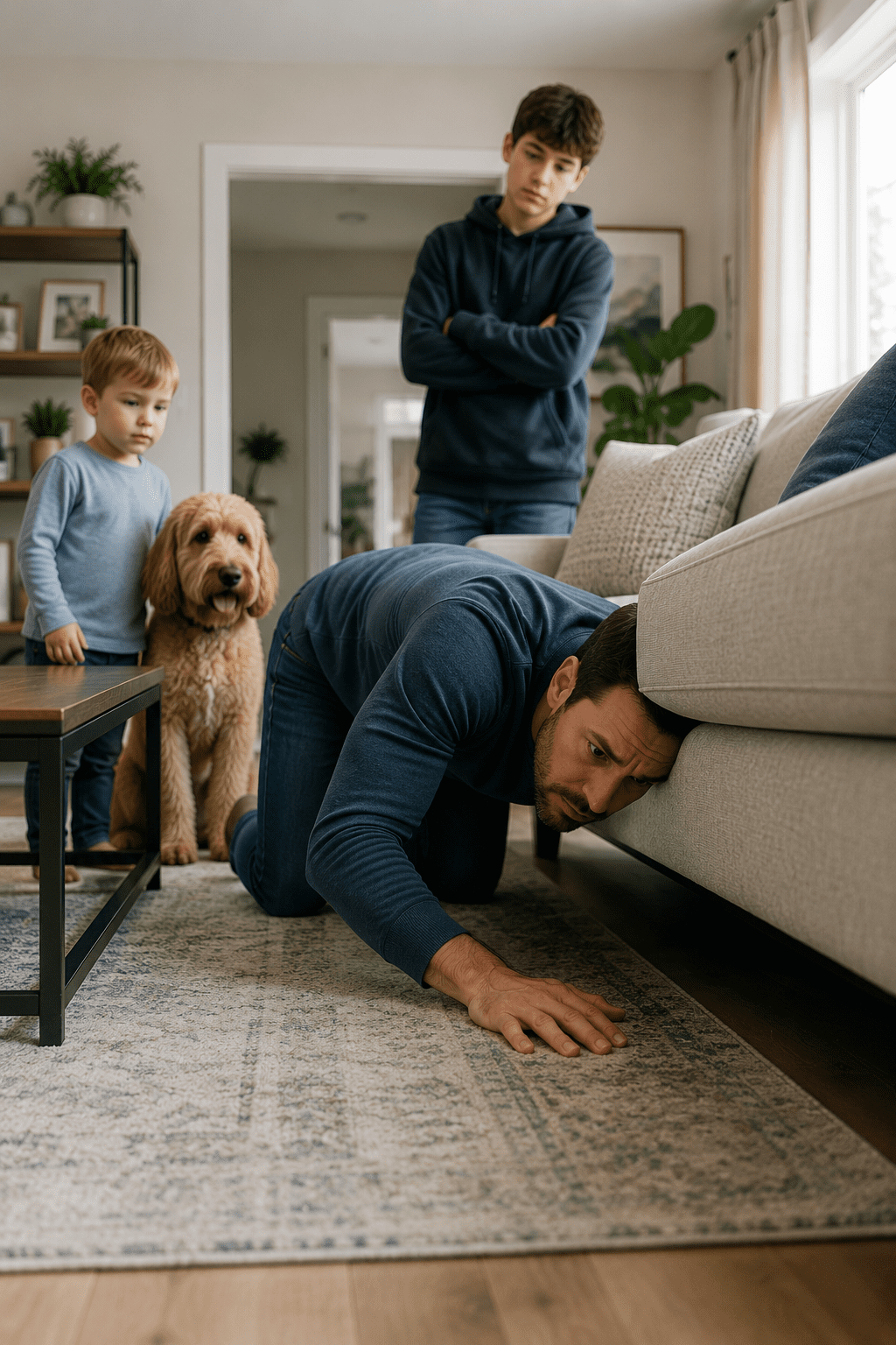 homeowner searching for the strange odor while his children and a dog watch from the distance wondering whats wrong with dad.