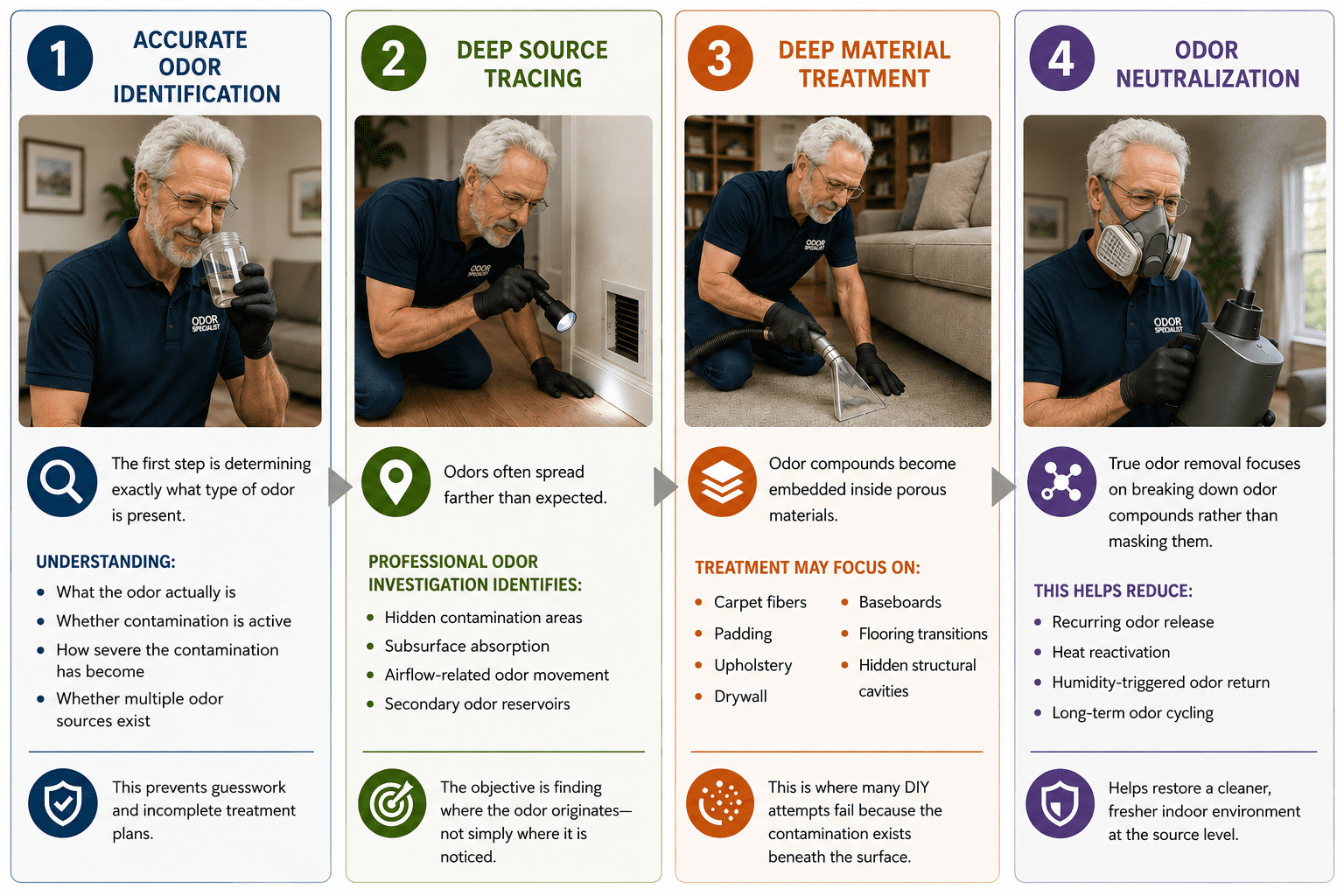 image showing the four different step to properly identifying and remediating odors that professionals take.