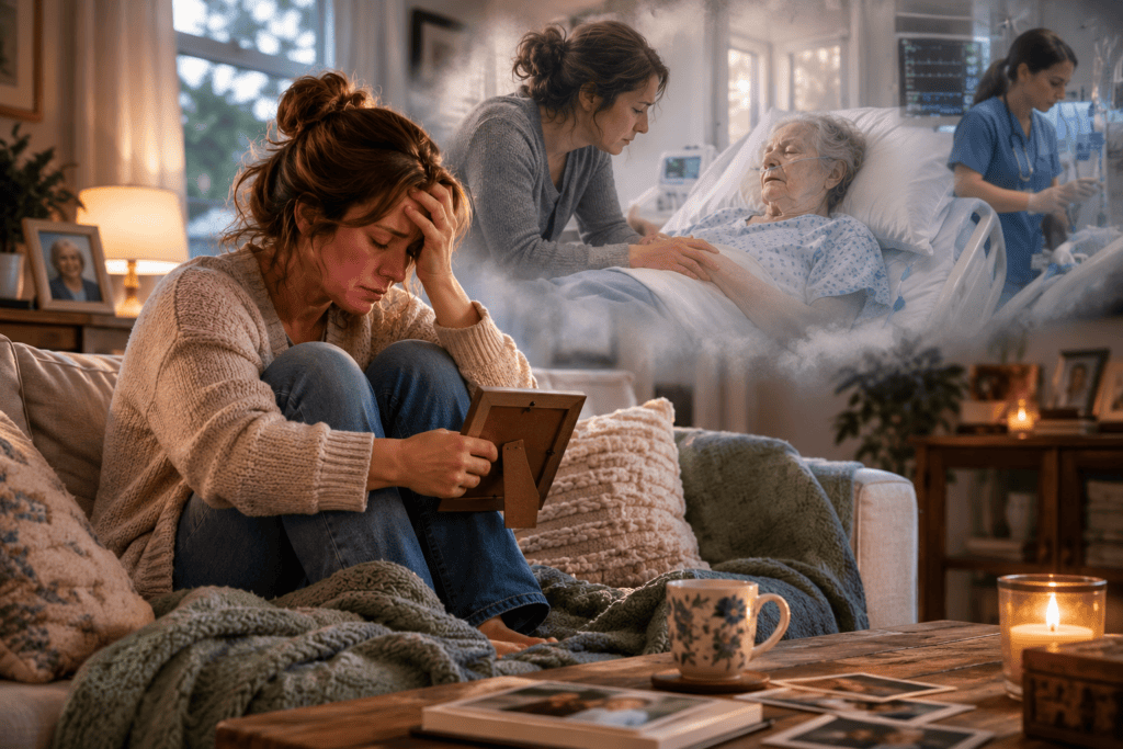 image of a woman having a memory of when she was caring for her ill grandmother in her home