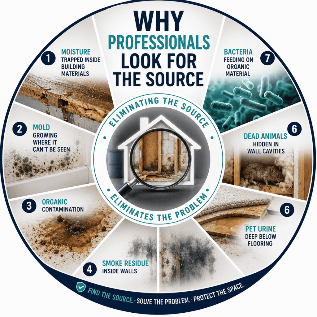 infograph showing sources of odors and where they come from and why professionals will need to be called in to look for them. 