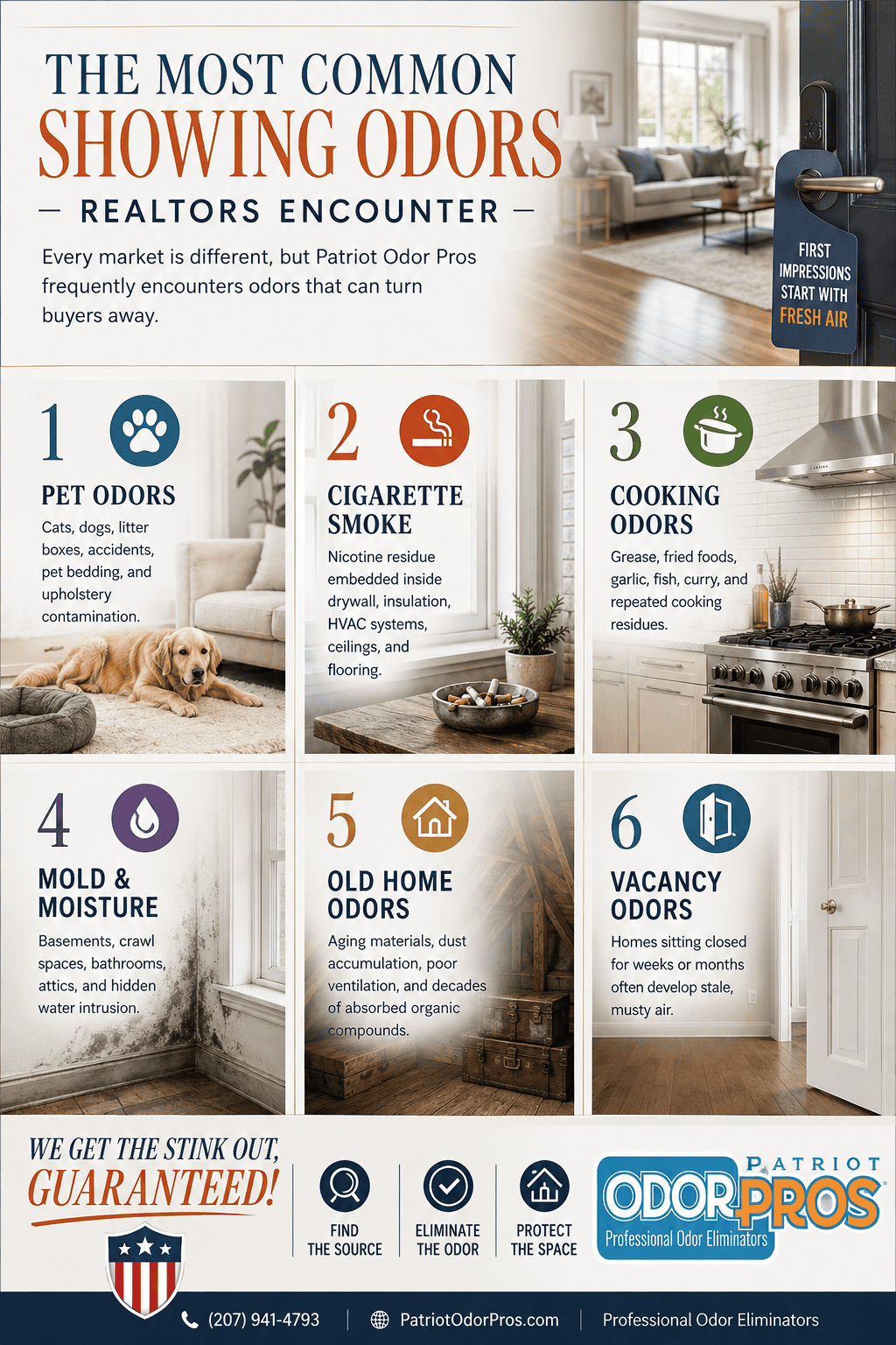 professional infographic image of common showing odors that potential buyers encounter during a showing.