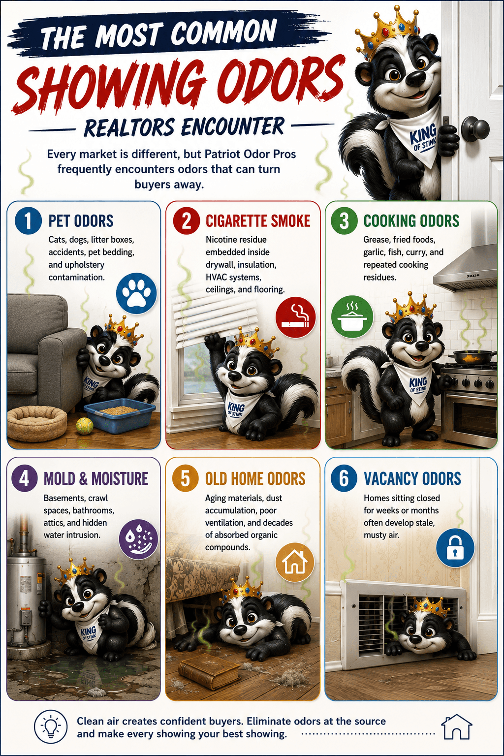 infograph showing 6 odors realtors will encounter when selling a house.