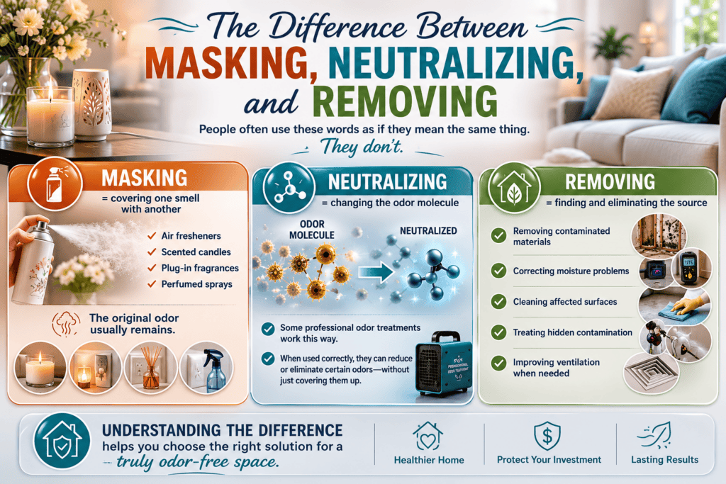 infographic image showing the differences between masking, neutralizing and removing odors. 
