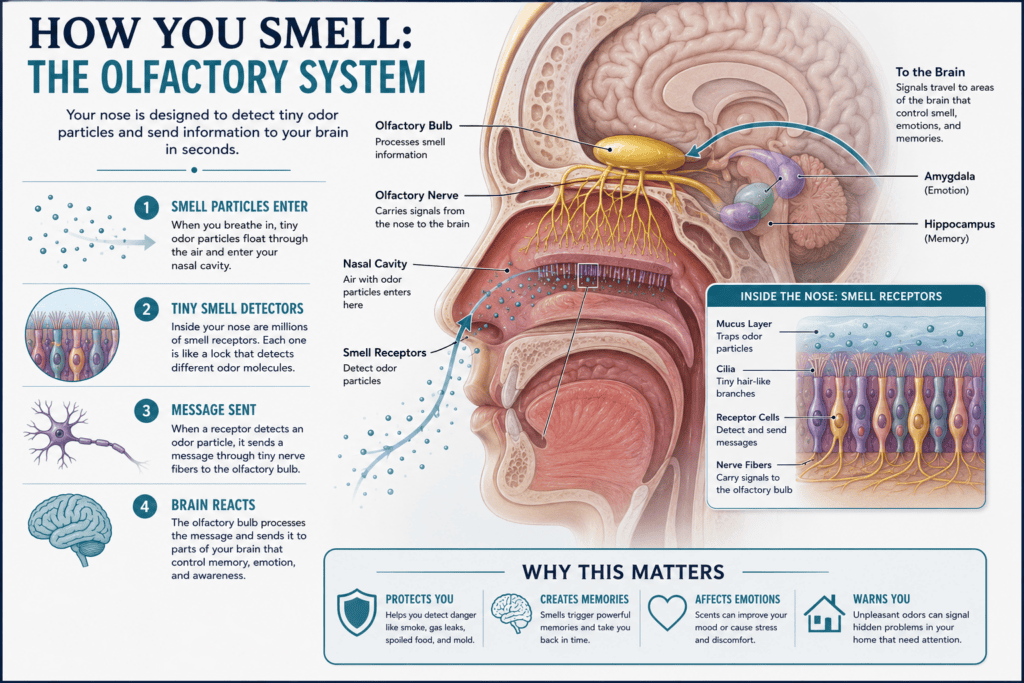 image of a cross section of an olfactory system and how it connects with the brain
