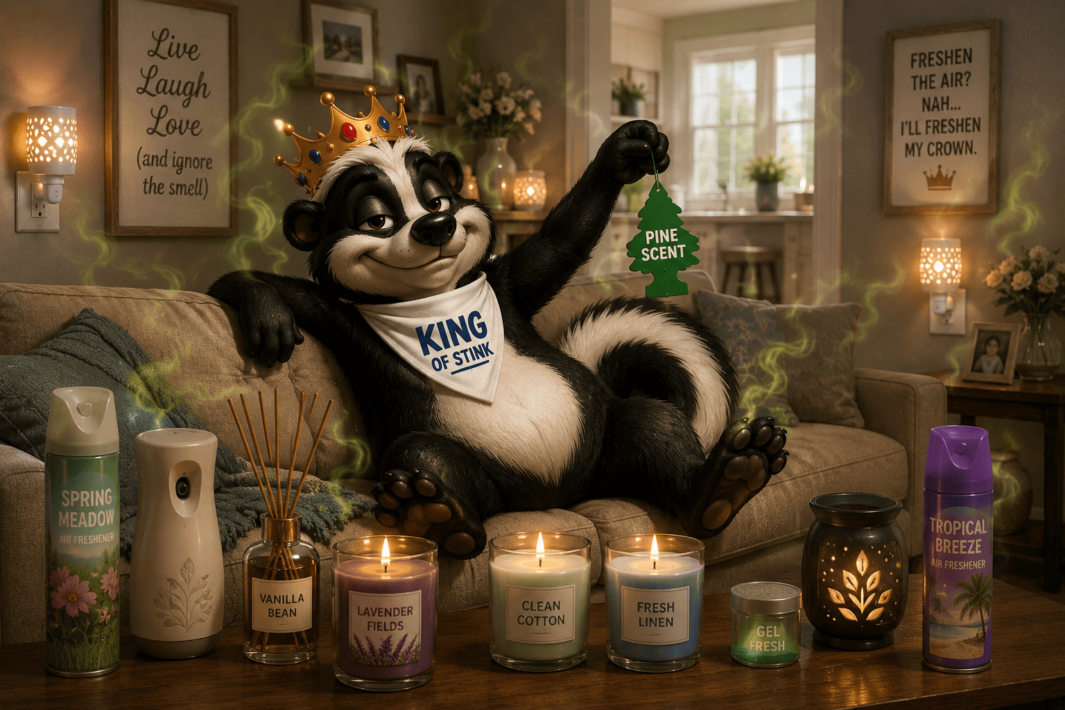 The King of Stink, a crowned cartoon skunk, lounges comfortably on a living room couch surrounded by candles, plug-in air fresheners, sprays, reed diffusers, and scented products while smugly holding a car air freshener, showing that masking odors only makes him feel more at home.