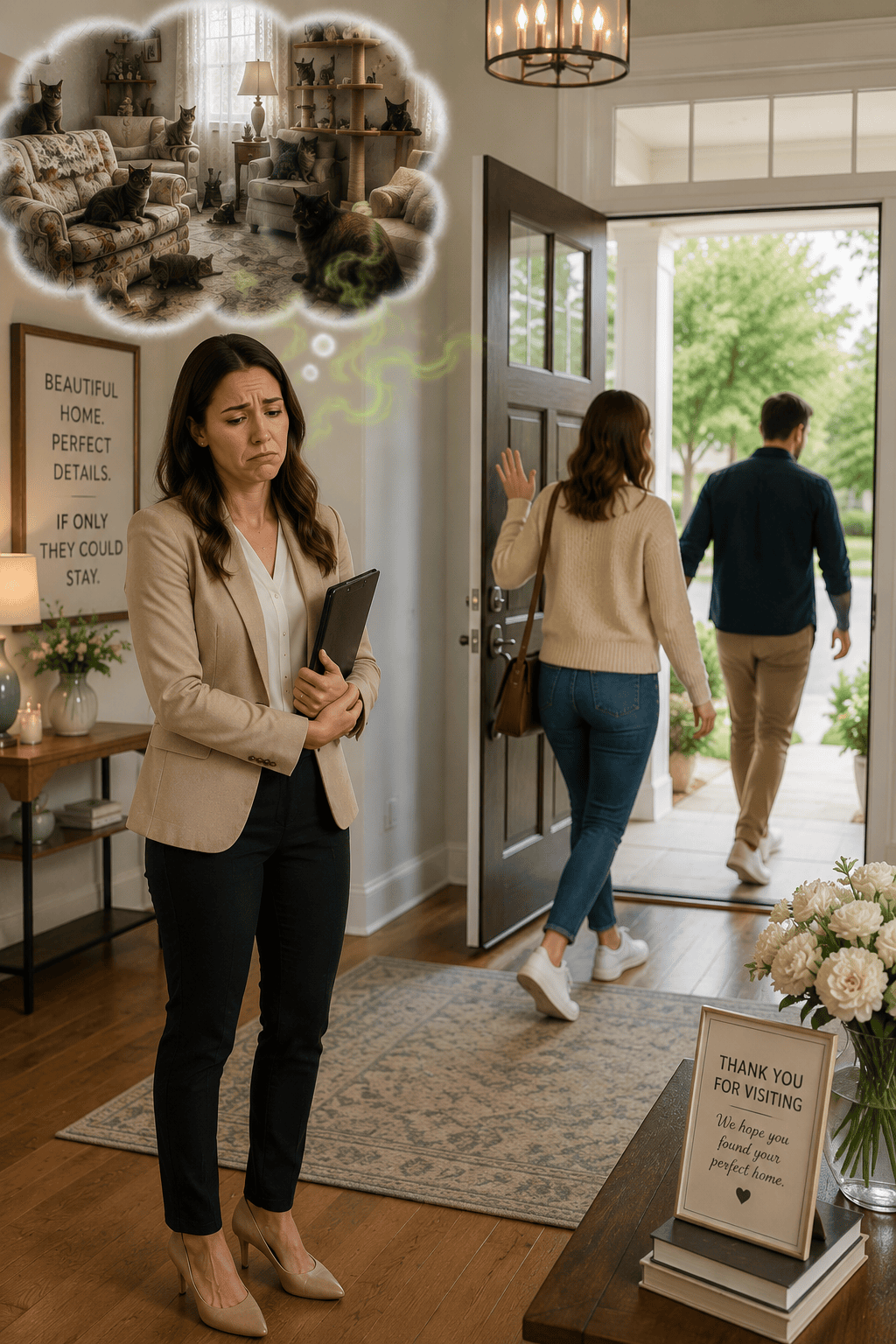 image of a defeated realtor and the potential home owners leaving.