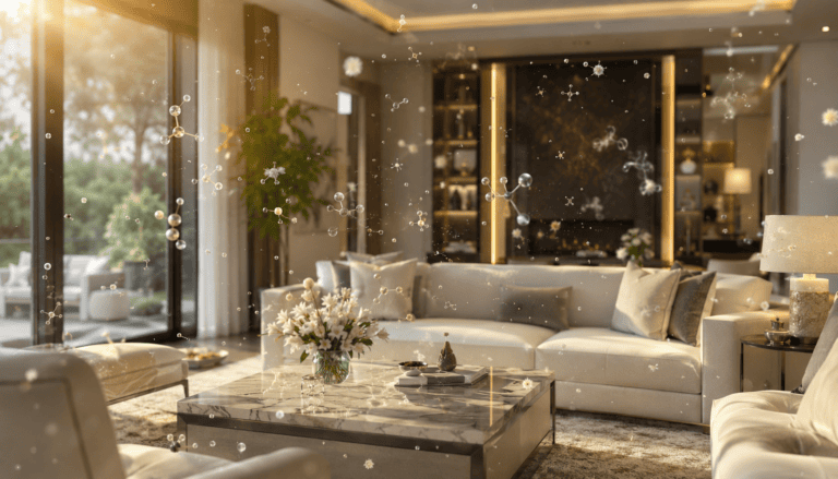 image showing a sunlight luxury livingroom displaying odor molecules throughout the livingroom.
