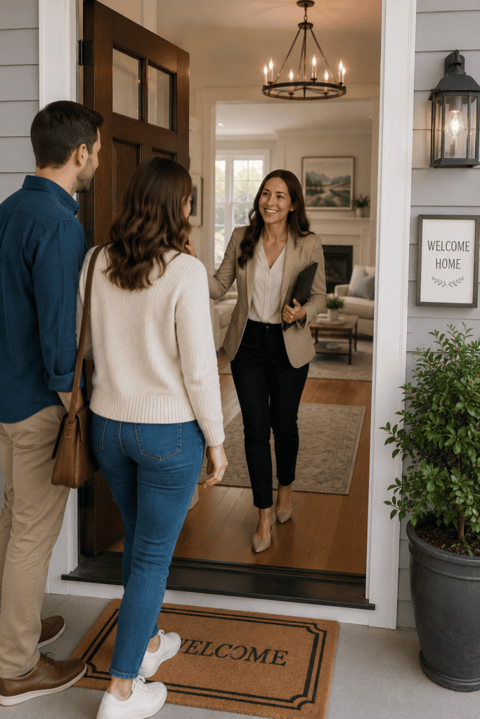 Two potential homeowners meet the realtor and see the house for the first time