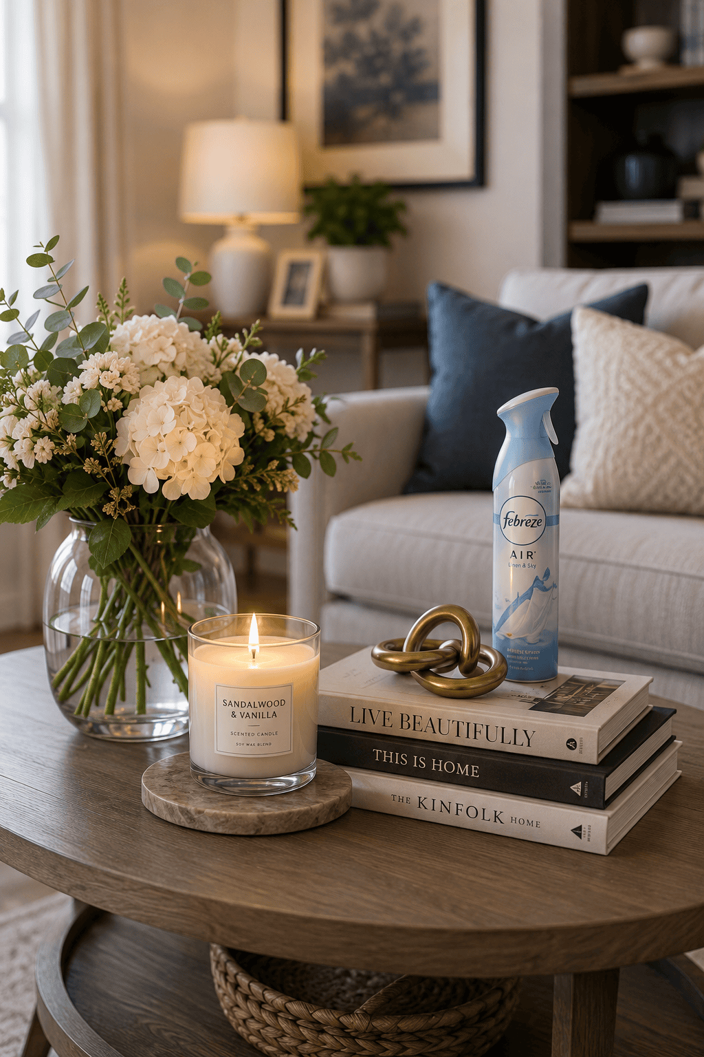 image of a modern wooden coffee table with a glass vase and a bouquet of white floors, a candle, some books and a can of air freshener.