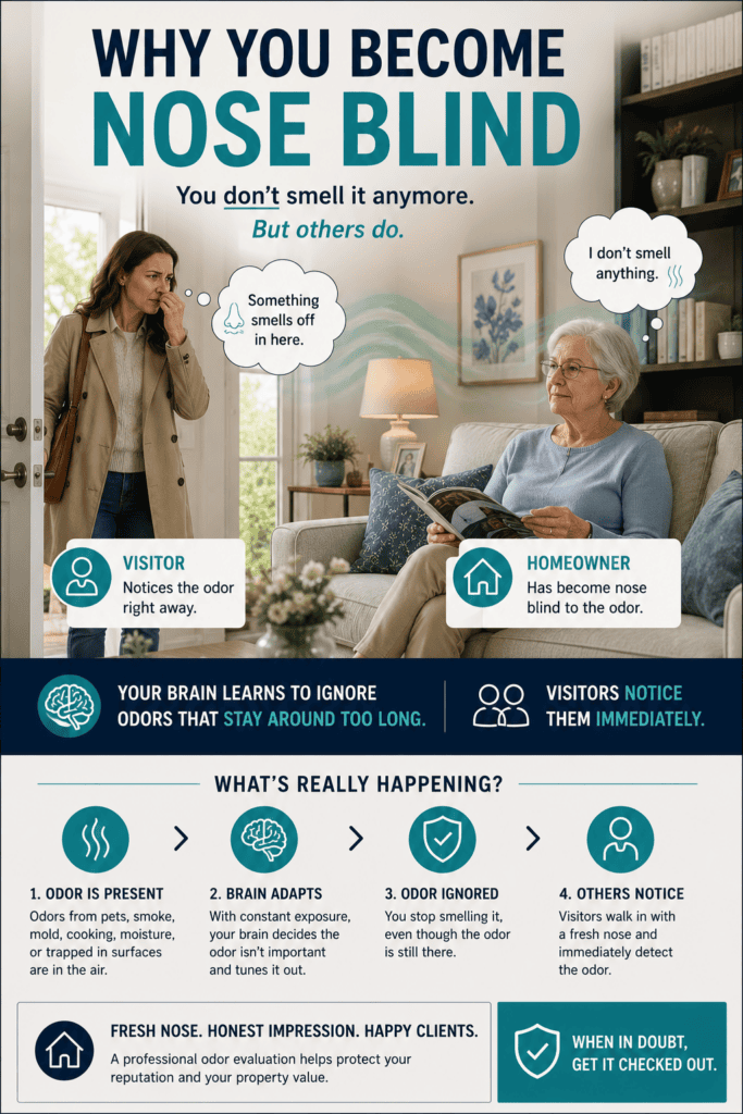 Infographic Image shows the home owner sitting on the couch when another woman comes in noticing a bad smell. 