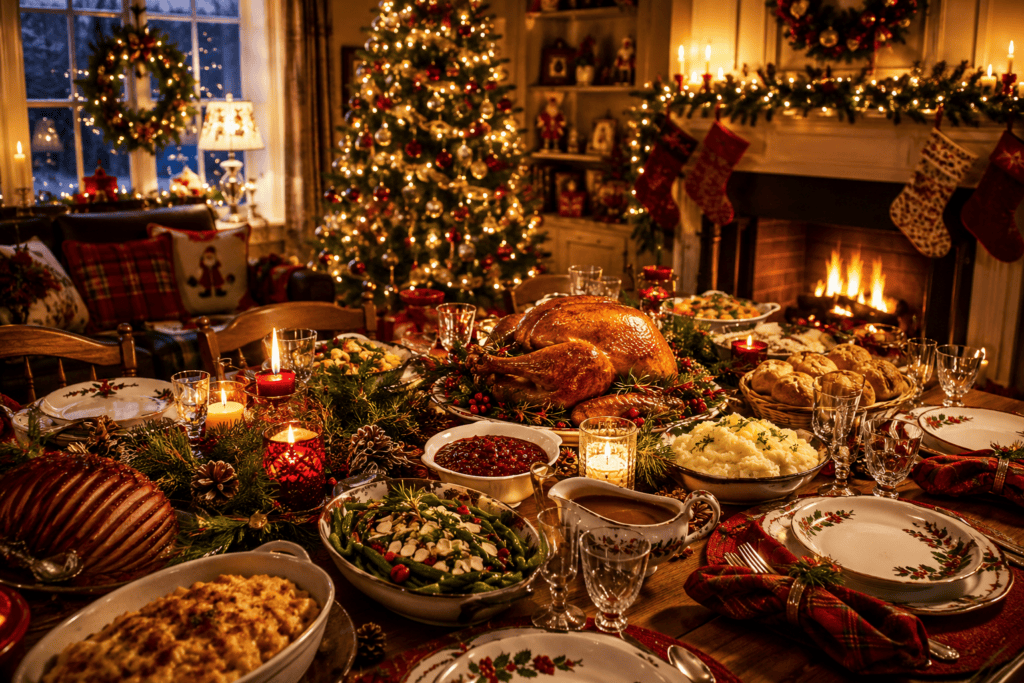 image of a traditional christmas dinner with all the trimmings and a fire.