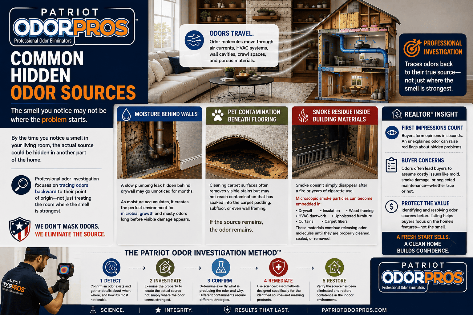 infograph showing common hidden odor sources even after you have cleaned.
