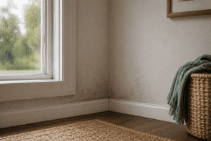 Subtle mildew staining along the lower wall and baseboard beside a rain-covered window, suggesting hidden moisture and the source of a persistent musty odor.