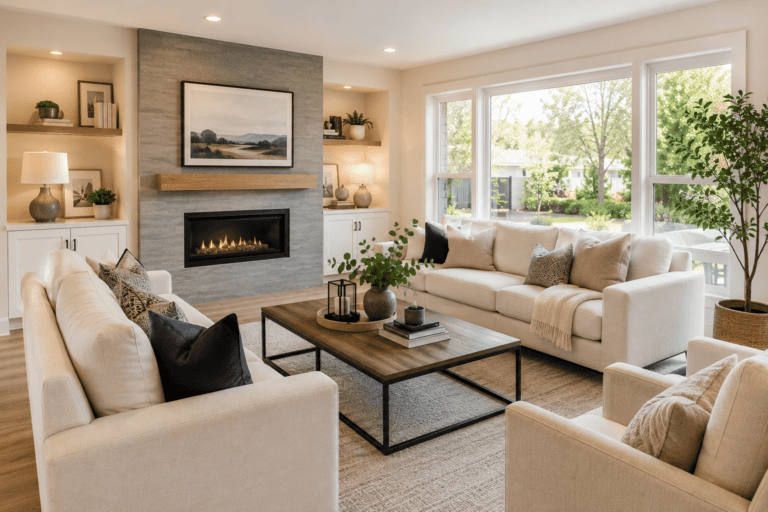 beautifully furnished modern livingroom ready for a showing.