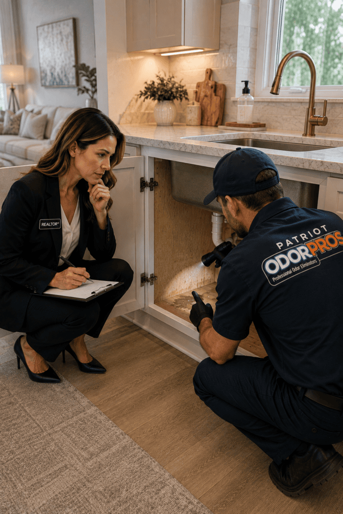 The realtor and an odor pro tech find what's causing the odor issue under the sink.