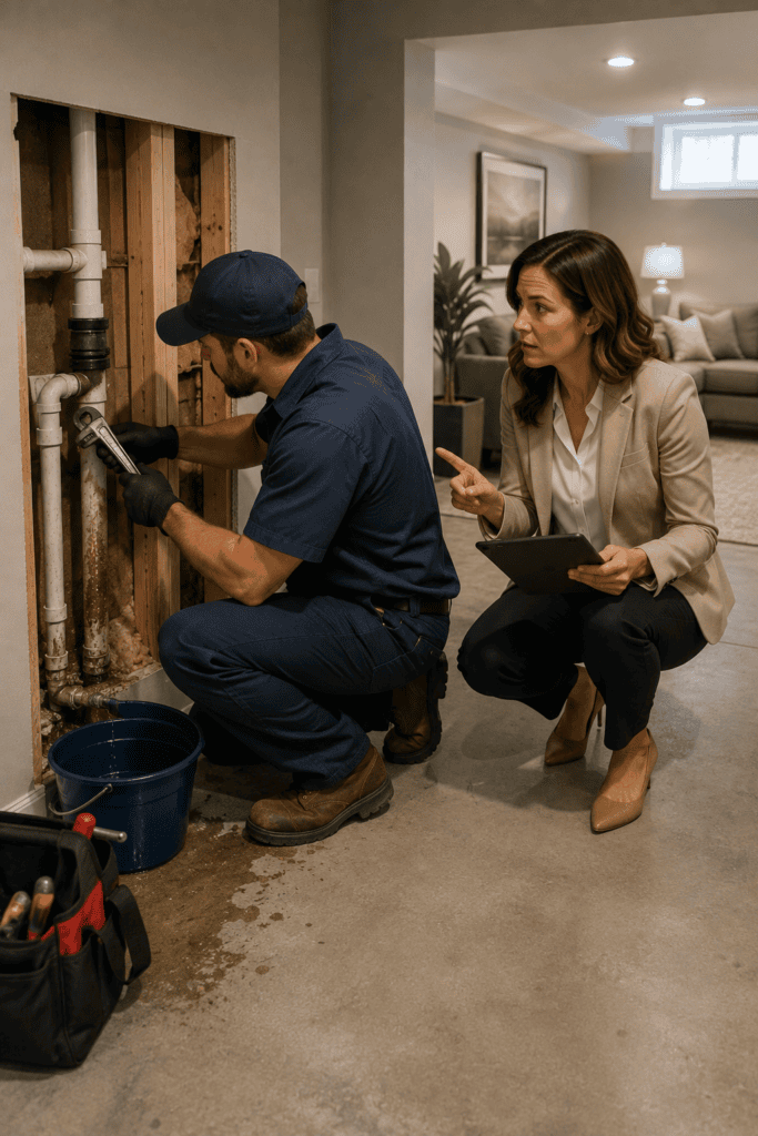 Realtor works with a plumber repairing a leaking pipe inside a finished basement wall after investigating a possible hidden moisture source contributing to musty odors.