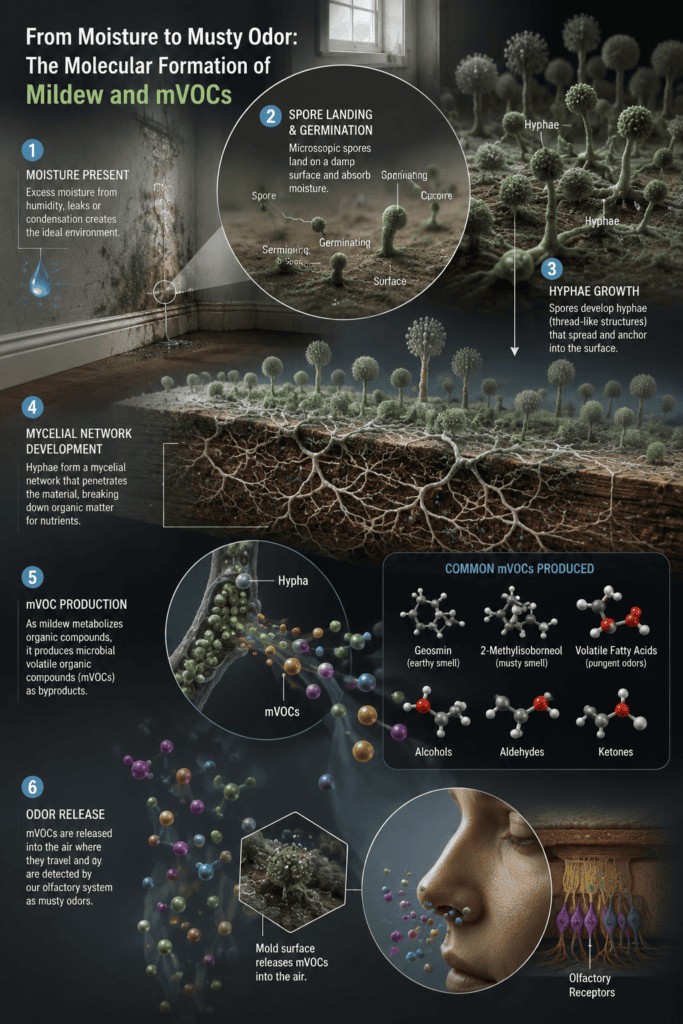 Scientific molecular illustration showing mildew growth on a moisture-damaged surface, from spore germination and hyphal development to the production and release of microbial volatile organic compounds (mVOCs) associated with musty odors.