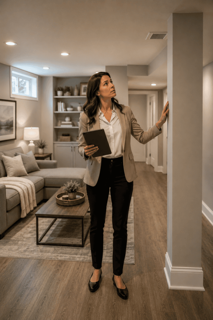 Realtor examining a finished basement during a home sale, looking for the possible source of a persistent musty odor or hidden moisture problem.