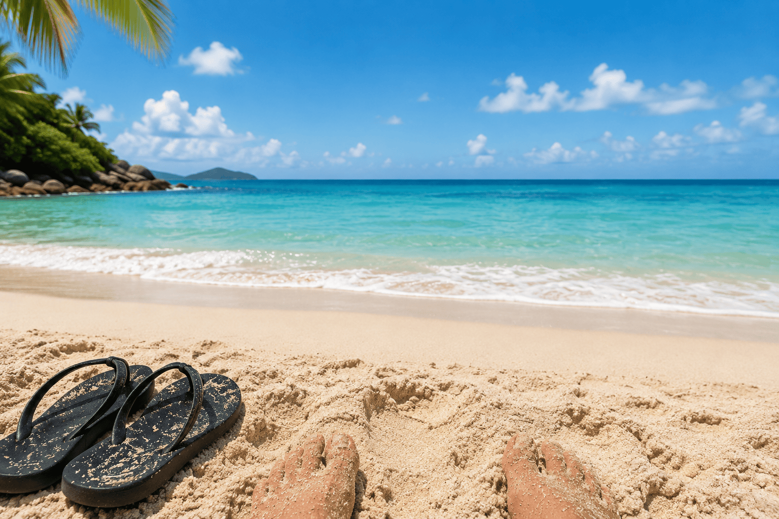 image of a person sitting in the sand, toes sticking out of the sand, blue sky and sea, black flip flogs, resetting the smell perception.