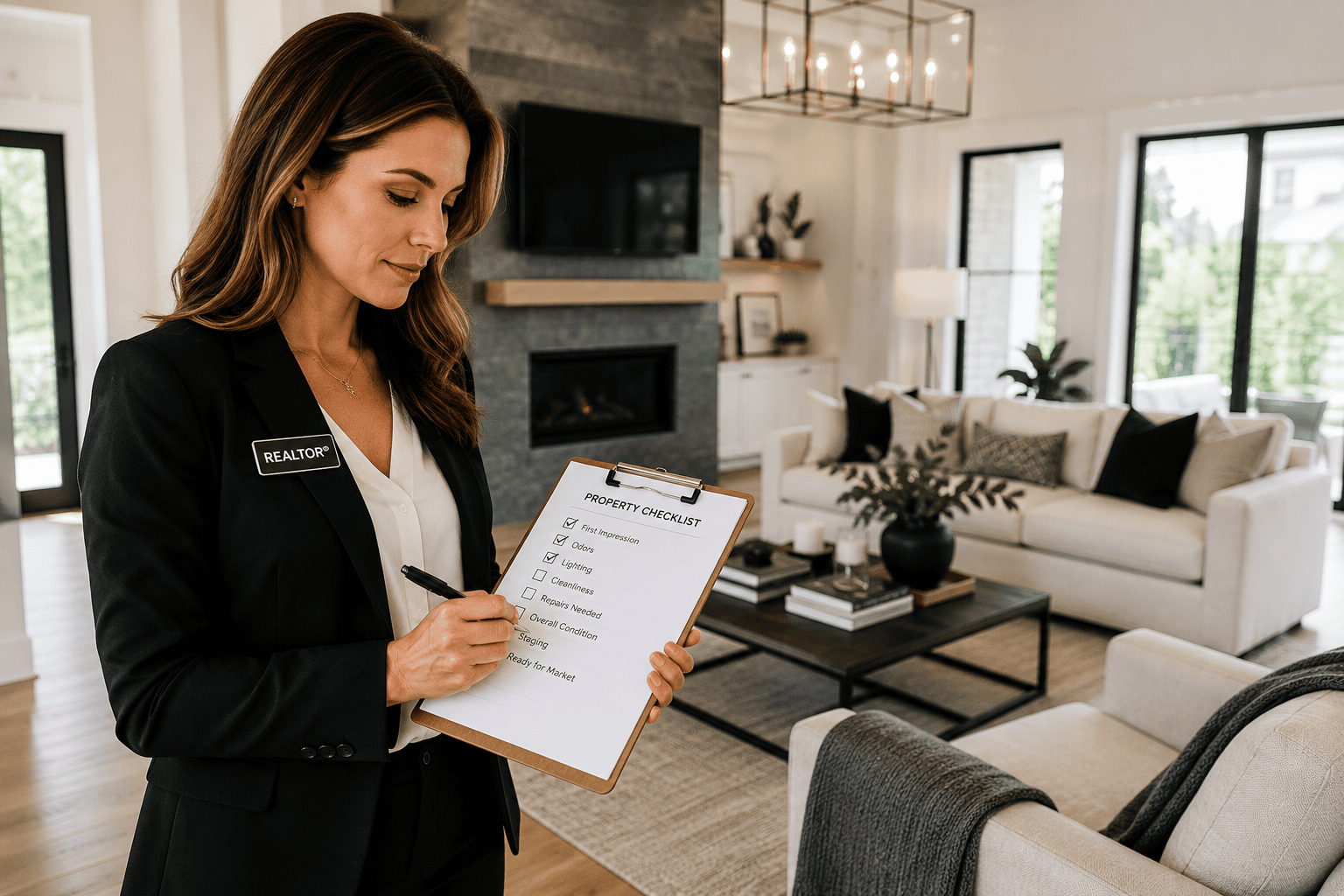image of a realtor standing in a livingroom that is ready for showing checking of the list of potential items that can stop a sale dead in it's tracks.