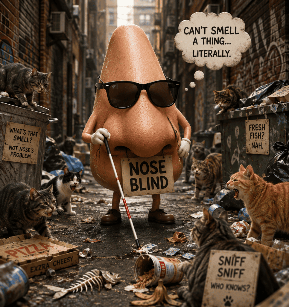 image of a blind nose representing what exactly nose blindness is as he walks down an alley of trash and cats and can't smell anything.
