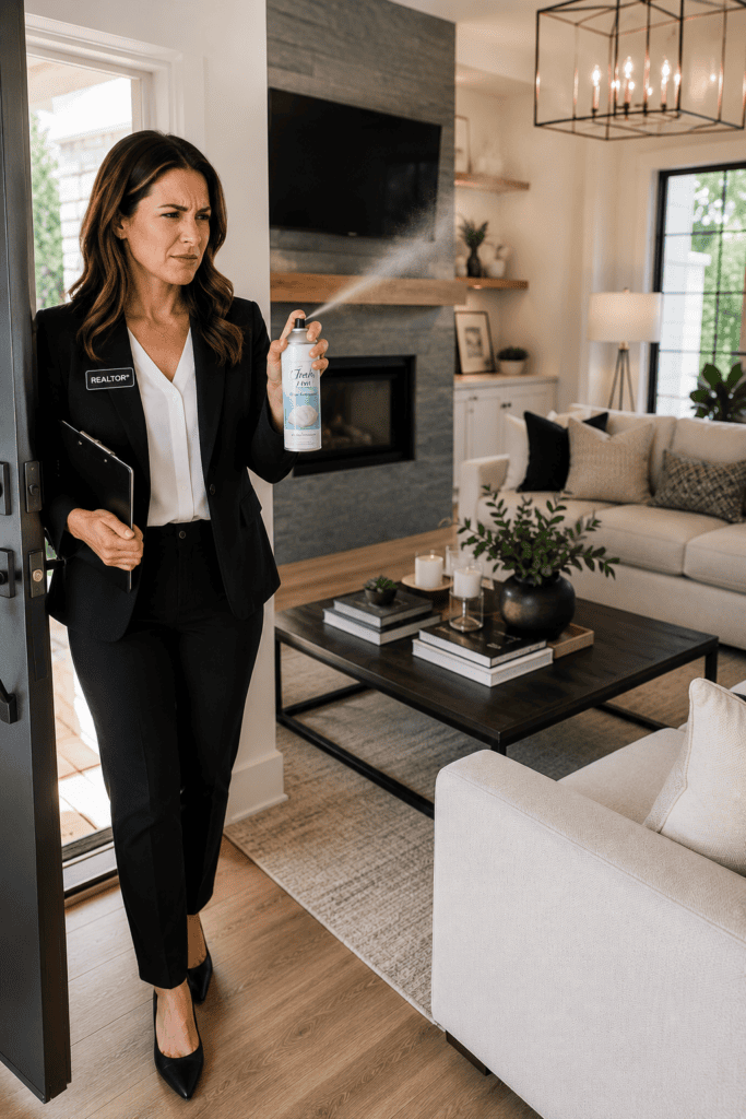 image of a realtor prepping a house for showing with a look of "something smells bad" on her face and trying to hide it with deodorizing spray.