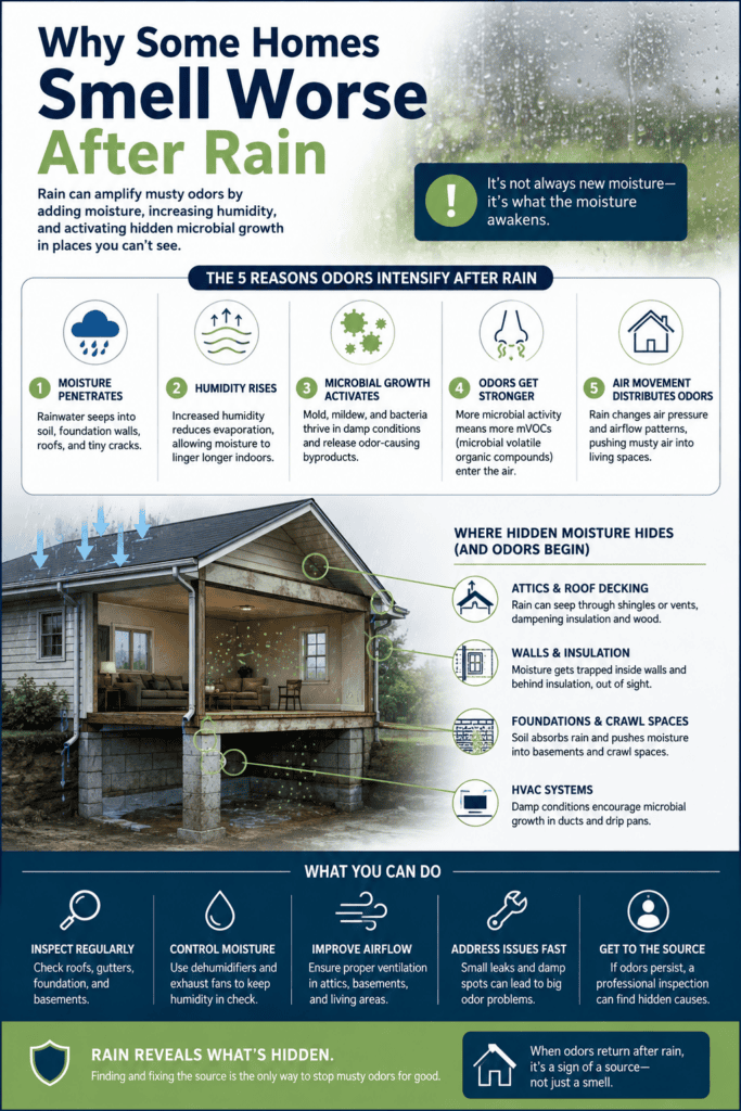 Infographic explaining why homes may smell mustier after rain, showing how moisture intrusion, increased humidity, microbial activity, mVOC production, and changing airflow can intensify odors from hidden areas such as walls, attics, foundations, crawl spaces, and HVAC systems.