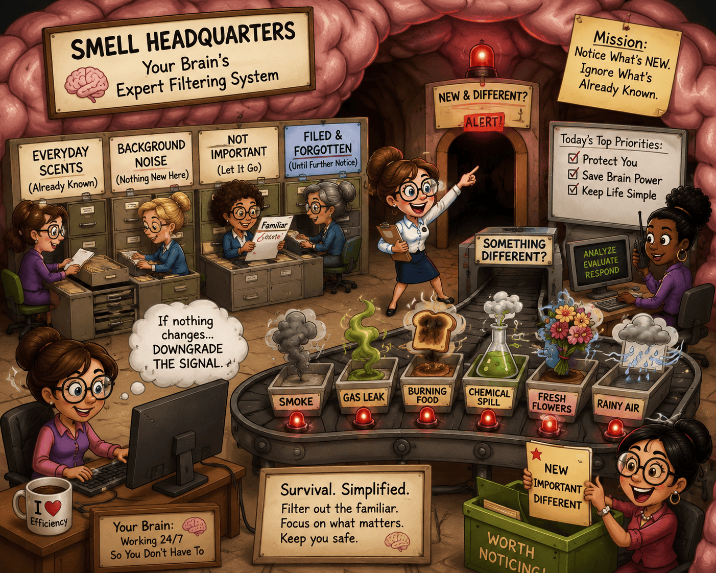 image depicting a system in your brain that filters smells so that you can know when something is not right. 