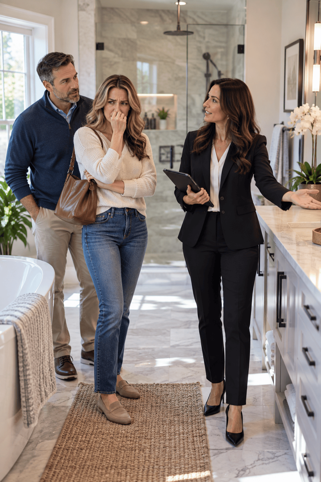 a potential homebuyer in a renovated bathroom smells something and is not satisfied.